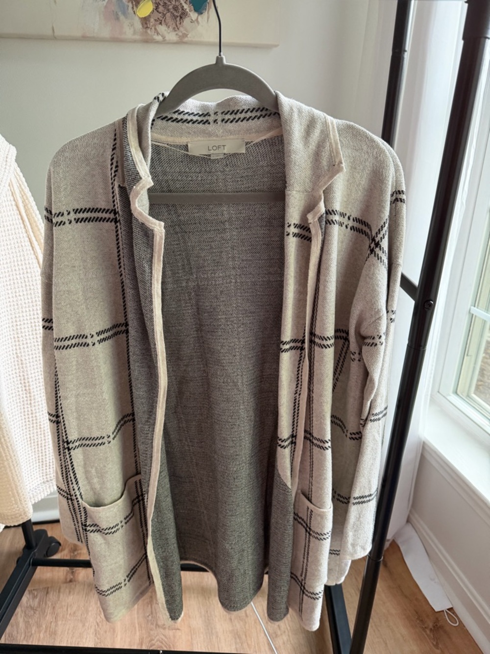 LOFT Cream Plaid Open Cardigan Sweater